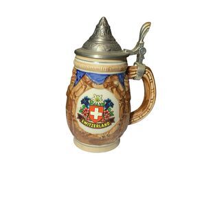 Vintage Switzerland Souvenir Ceramic Beer Stein 95% Zinn Pewter Lid
